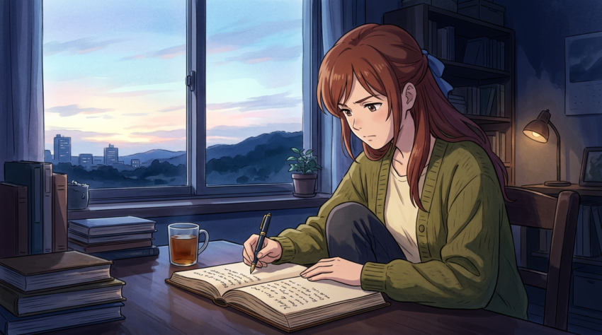Young woman writing in a journal beside a window at dusk